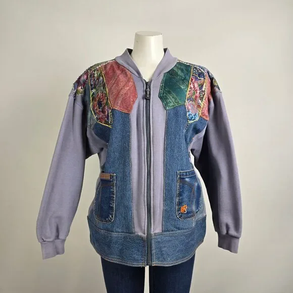 Vintage Handmade Denim Patchwork Zip Up Jacket Size L/XL - Picture 1 of 7